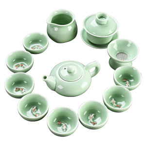 Retro Blue Porcelain Gongfu Tea Set Simple Office Home Use Carp Cup Gift Traditional Chinese Style Ceramic Tea Brewing Kit