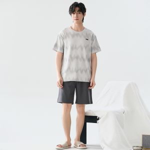 MiiOW | Mens Summer Sleepwear Pure Cotton Thin Short Sleeve Shorts Large Size Striped Home Clothes Casual Comfortable Breathable Nightgown