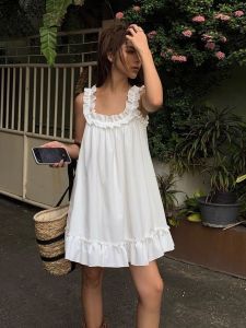 Váy Chữ a Không Tay Mùa Hè Cho Nữ Dáng Rộng Xếp Ly Viền Hoa Tai Thỏ Cỡ Lớn Váy Ngắn Không Tay Cổ Chữ U Màu Trơn