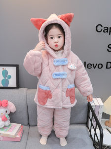 Thickened Cotton Sleepwear Set for Girls Winter Home Clothes Three-Layer Sandwich Cotton Padded Autumn Winter Style Children