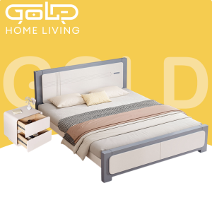 GOLD Solid Wood Bed Frame King/Queen/Super Single Size Nordic Modern Solid Wood Bed White Pull-Out Storage Bed Durable Katil Kayu實木床