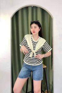 🌈SpinnyHouse🌈 เสื้อแขนสั้น ทรงคอกลม แต่งผ้าพันคอผูกโบว์ 🫑 งานผ้าไหมพรม ยืดเยอะสุด สายแคมป์ปิ้งคือต้องมี สาวอวบใส่ได้ รุ่น ทรัพย์สิน