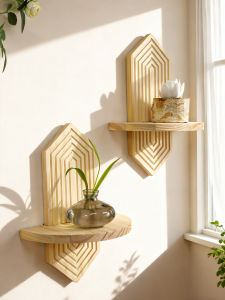 Boho Geometric Wooden Wall Shelves Floating Shelf for Plants Natural Wood Wall Mounted Storage for Home Living Room & Bedroom