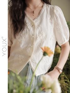 YOUXIANG | Áo Sơ Mi Tay Ngắn Ren Pháp Romatic