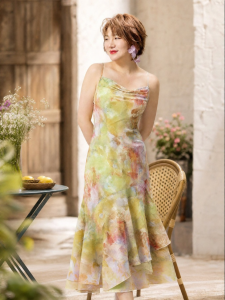 Elastic Tulle Oil Painting Style Printing Fishtail Hem Draping Neckline Dress