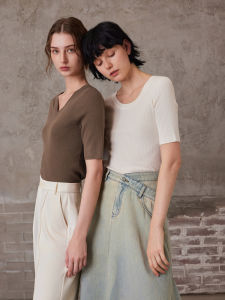 Slimming Effect Fine Wool MSLAN Two-Way Neckline Lightweight Fashionable 5/4 Sleeve Knitwear Casual Style Regular Fit