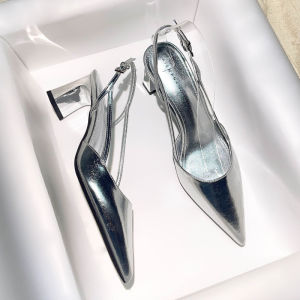 รองเท้าแตะส้นสูงหัวแหลมหนังนิ่มสไตล์ฝรั่งเศสสำหรับผู้หญิง รองเท้าแตะส้นหนาสำหรับใส่ไปทำงานในช่วงฤดูร้อนปี 2024 รองเท้าแตะแบบสวมหัวที่มีสายรัดหลัง