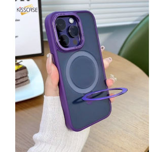 【With Bracket】KISSCASE MagSafe Matte Wireless Charging Shockproof Metal Lens Camera Frame Hard PC Frosted Phone Case for IPhone 15 14 Pro Max 13 12 11