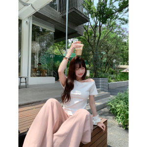 EKOOL Womens Short Sleeve T-Shirt Shoulder Baring Casual Style Slimming Short Design Summer New Fashion Versatile High Waist