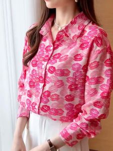 Chiffon Fabric Breathable Pink Lip Print Long Sleeve Women Shirt Top Autumn Summer Casual Work Tops
