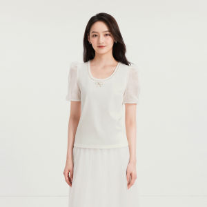 Koradior | Elegant French Style White Beaded Tshirt