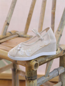 Chinese Style National Fashion Qipao Embroidered Shoes Women round Head One Row Belt Mesh Single Shoes Thick Heel Soft Bottom