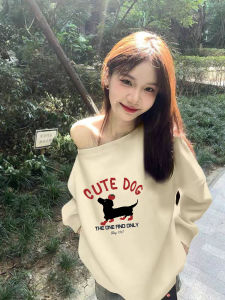 SUSHOUWANGE | Cute Dog Off-Shoulder Design Long Sleeve Sweatshirt