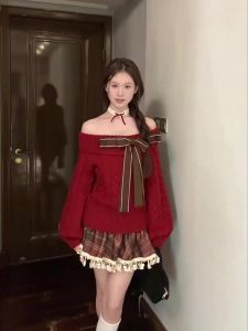 SENWA | Red Off-shoulder Sweater Dress New Autumn