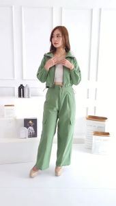STELAN SET WANITA / BAJU SET WANITA KEKINIAN / ONE SET BAJU KERAH SLETING + CELANA WANITA CARGO KATNISS PANJANG BAHAN KATUN LINEN IMPORT POLOS by SENJANRICH - HT-018