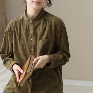 Left Ear Left Bank Pure Cotton Shirt Womens Spring 2024 New Style Japanese Artistic Retro Plaid Long Sleeve Womens Shirt