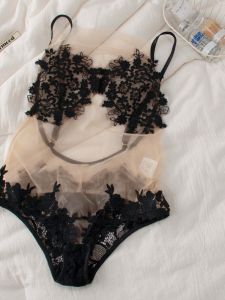 ชุดนอนลูกไม้เซ็กซี่สำหรับผู้หญิง ชุดนอนคอตตอนเย็บปักลายสไตล์ย้อนยุคฝรั่งเศส ชุดชั้นในแบบเกาะอกสองชั้น