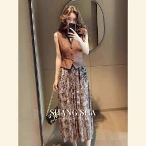 SHANGSHA | Autumn Wear Elegance Old Money Style Vest and Floral Dress Set