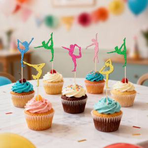 YOMDID 24Pcs Gymnastics Cake Toppers Glitter Gymnastics Lover Silhouettes Cupcake Toppers Sports Gymnastics Cake Insert Picks