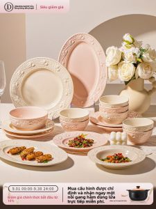 JINGDITAOCI | Bộ Đồ Ăn Phong Cách Kem Pháp Có Lớp Sơn Lót Bóng