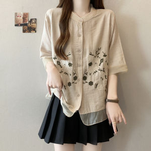 AIYITI | Elegant Embroidery Short Sleeve Big Size Concealing Shirt