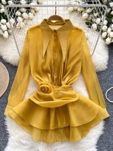 Autumn Long Sleeve Womens Shirt Pleated Flounce Hem Gathered Waist Turn-down Collar Korean Style Loose Fit Commute Wear