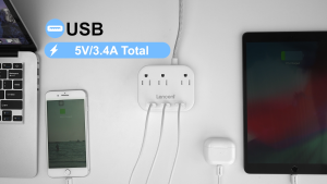 LENCENT 2 Prong Power Strip 3 Prong to 2 Prong Outlet Adapter 6.6ft Braided Extension Cord with Polarized Plug 3 AC Outlets & 3 USB(5V 3.4A Max) Wall Mountable Ideal for Non-Grounded Outlets