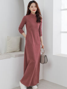 Knee-Length Knitted Dress Thickened Fleece Half-High Collar Long Winter Dress Korean Style Commute Pure Color A-Line Skirt