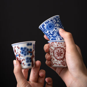 Retro Ceramic Tea Set Small Tea Cup Gongfu Tea Drinking Bowl Handmade Blue And Red Glaze Porcelain Tea Cup for Home Use