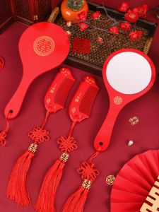 Chinese Style Dowry a Pair of Red Dowry Dressing Wooden Mirror Comb Mirror Set Bridal Makeup for Wedding Hand-Hold Mirror
