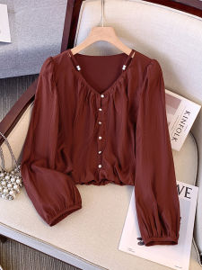 เสื้อเชิ้ตผ้าชีฟองสีแดงส้มคอวี ทรงหลวม แขนยาว ทรงสั้น สำหรับผู้หญิง ฤดูใบไม้ร่วง 2024 แฟชั่นสตรีท วัสดุโพลีเอสเตอร์