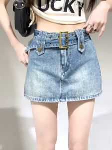 Plus Size 25-36 Waist Korean High Waist A-Line Denim Skirt Fashion Jeans Shorts for Women(Sent Belt)