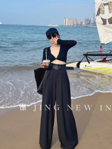 Black Wide Leg Pants Womens High Waist Pleated Design Drapey Suit Pants Loose Casual Floor-Length Straight Leg Trousers