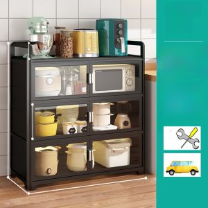 Kitchen Storage Rack Floor-Mounted Multi-Layer Double Door Microwave Oven Organizer Wall-Near Bowl Cabinet Organization