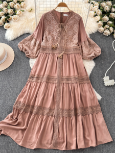 French Retro Court Style Dress for Women Summer New Arrival High End Feeling Lace Embroidery Long Sleeve Dress
