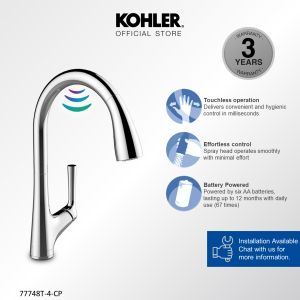 [Touchless Faucet] KOHLER Malleco Touchless Kitchen Faucet with Pull-down Spout Hand-free Operation (Alkaline Battery Operated) K-77748T-4-CP/VS
