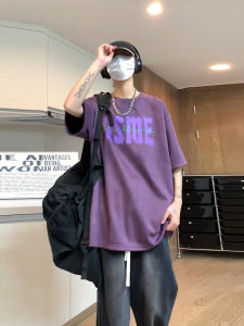 Merlot Purple American Heavyweight Mens T-shirt Summer Dopaamine OOTD Short Sleeve Suede Half Sleeve Breathable round Neck