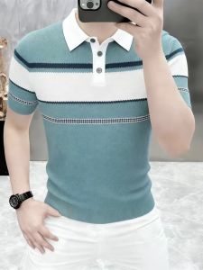 Contrast Striped Polo-style T-shirt Mens Short Sleeve
