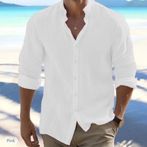Mens Long-Sleeved Cotton Linen Summer Hot Sale Beach Style Shirts Solid Color Casual Versatile Stand-Up Collar Shirt Male Top