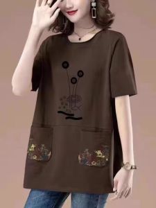QIAOXIZI | Loose-Fitting Cotton Short Sleeve T-Shirt for Middle-Aged Women with Tummy Concealment and Slimming Effect