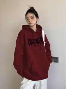 Heavyweight Pure Cotton Hoodie Womens Loose Oversize Lazy Style Spring Autumn Thin Top Womens Outerwear Red Wine Color