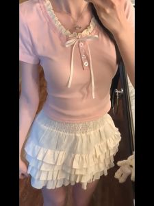 White july🌸เสื้อยืดทรงซ้อ เสื้อรัดรูปสวยๆ เสื้อยืดปลอมสองชิ้นสลิมมิ่งสีชมพู เสื้อยืดดีไซน์โบว์สุดเซ็กซี่