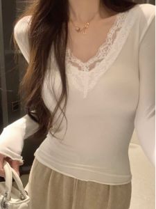 Áo Thun Cổ Chữ V Ren Ngắn Ôm Vừa Vặn Cho Nữ Mùa Xuân Thu Phong Cách Hàn Quốc Tay Dài Chất Liệu Polyester Và Lycra