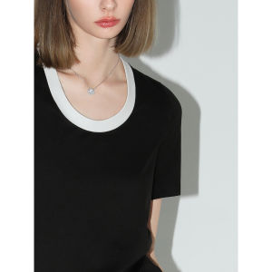 COCOBELLA Black White Contrast Color U-Neck Short Sleeve T-Shirt Comfortable Casual Style Polyester Cotton Blend Top