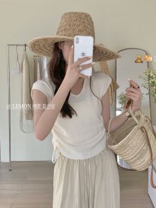 Slim Fit V-Neck Ice Silk Short Sleeve Knitted T-Shirt Womens Summer Drawstring Waist Tie Slimming Short Top Korean Style