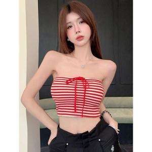 Trendy Strapless Bandage Crop Top with Chest Pad Sleeveless Tight Fitting Summer Hot Girl Knitted Short Style Striped Tube Top