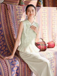 XIANGYING | Traditional Chinese Style Floral Bud Two Piece Dress Green Summer New