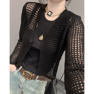 เสื้อคาร์ดิแกนถักแขนยาวหลวมๆ สั้นๆ สำหรับผู้หญิง ฤดูร้อน เสื้อคลุมกันหนาวแบบโปร่งแสง ปกโปโล ทรงหลวม โพลีเอสเตอร์ คอวี