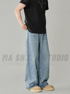 กางเกงขาตรงทรงหลวมสไตล์เรโทรอเมริกัน ขอบเอวครึ่งยืด