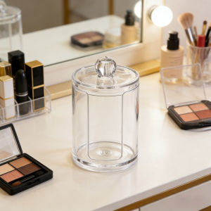 Clear Acrylic Bathroom Storage Jar with Secure Lid Multipurpose Organizer Container for Cotton Pads Swabs Cosmetic Accessories